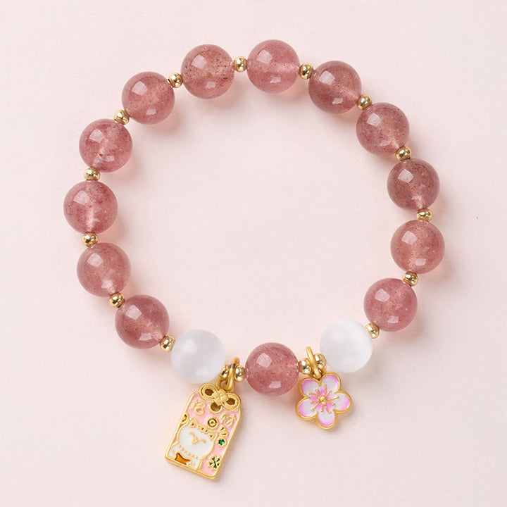 Pulsera curativa de ojo de gato blanco con Buddha Stones, amuleto de flores de durazno y cuarzo fresa - image 0