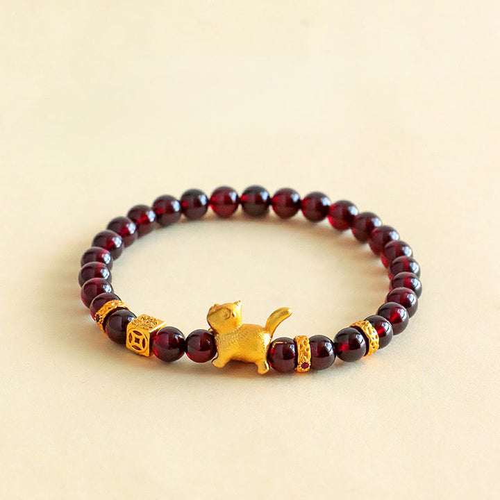 Pulsera de cuentas con Buddha Stones, amuleto de gato de la suerte, granate, cinabrio y protección para la calma. - Granate (circunferencia de la muñeca: 13-15 cm) - image 1