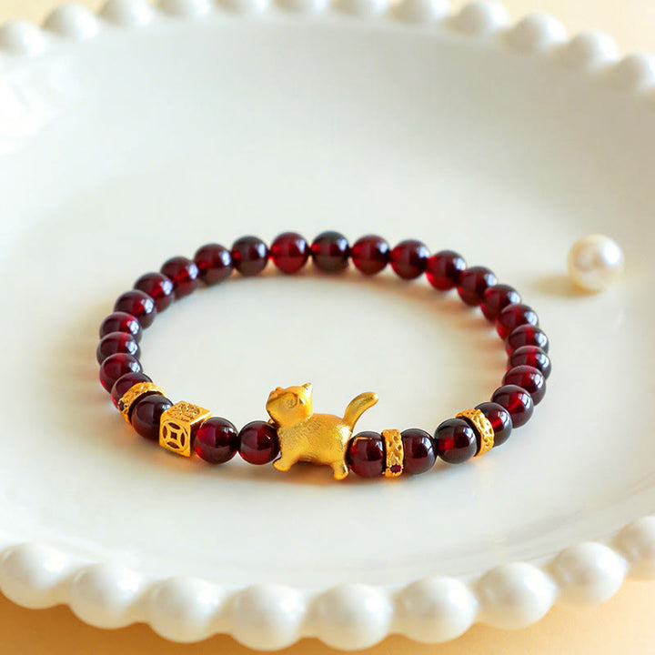 Pulsera de cuentas con Buddha Stones, amuleto de gato de la suerte, granate, cinabrio y protección para la calma. - image 4