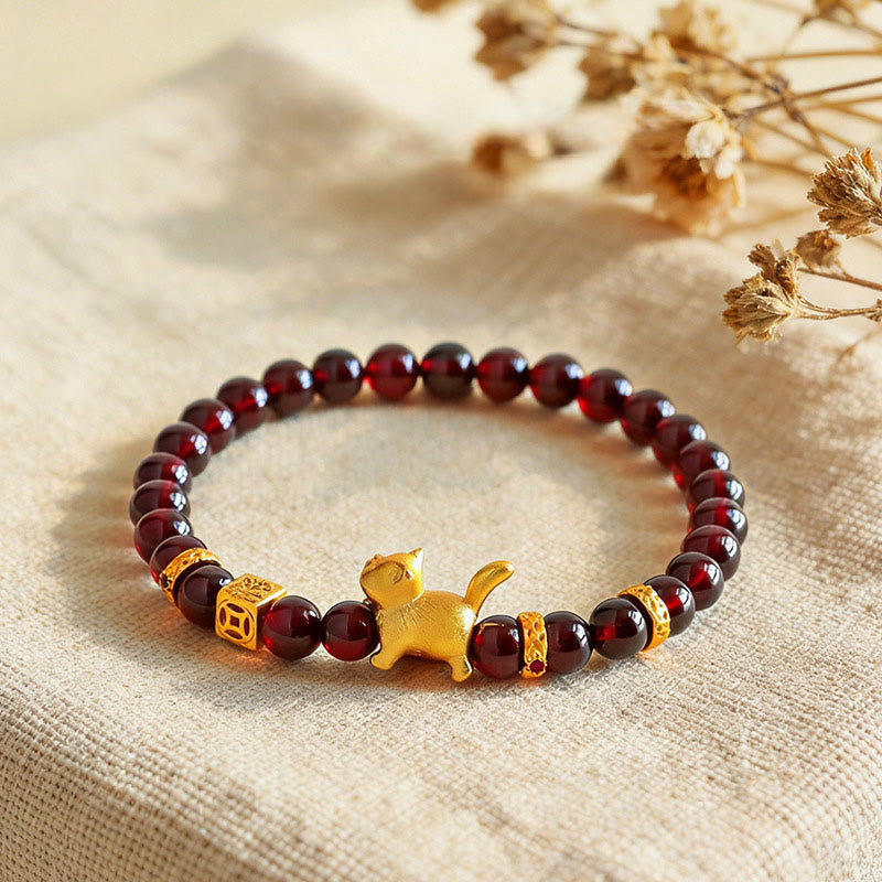 Pulsera de cuentas con Buddha Stones, amuleto de gato de la suerte, granate, cinabrio y protección para la calma. - image 0