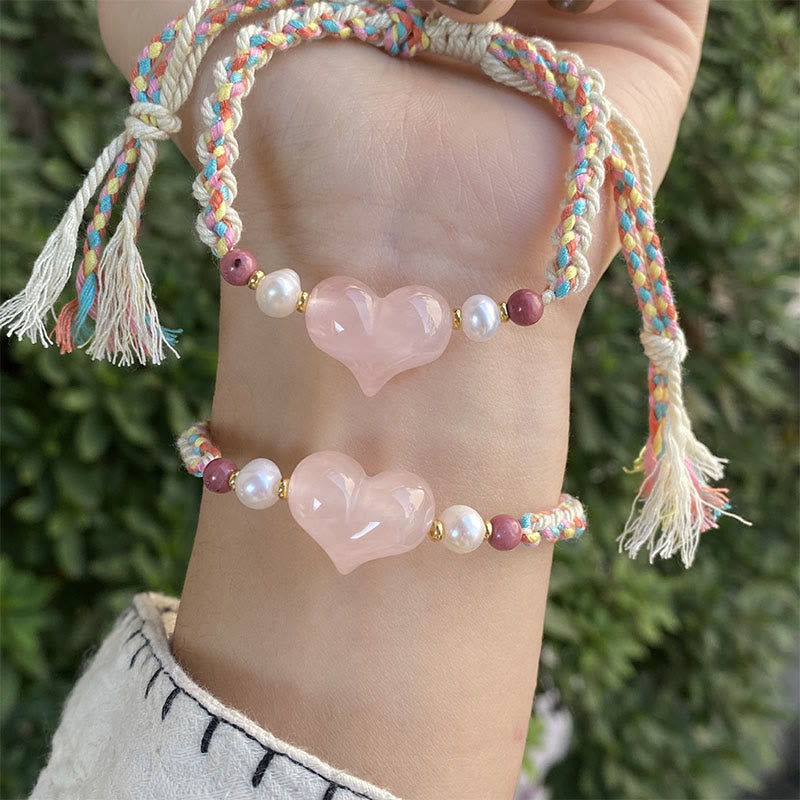 Pulsera de amor y calidez con cuerda trenzada de cristal rosa y diseño de corazón de Buddha Stones - Cristal rosa (circunferencia de la muñeca: 13-20 cm) - image 0