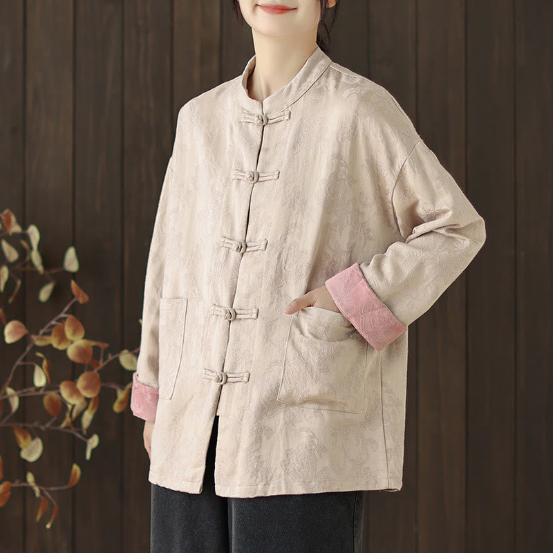 Camisa de algodón para mujer, manga larga, cuello alto, botones de rana y estampado floral otoñal con Buddha Stones - Beige - US8-10，UK/AU12-14，EU40-42 (2XL) - image 14