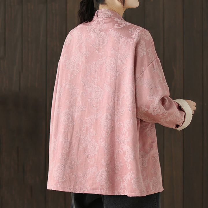 Camisa de algodón para mujer, manga larga, cuello alto, botones de rana y estampado floral otoñal con Buddha Stones - image 4