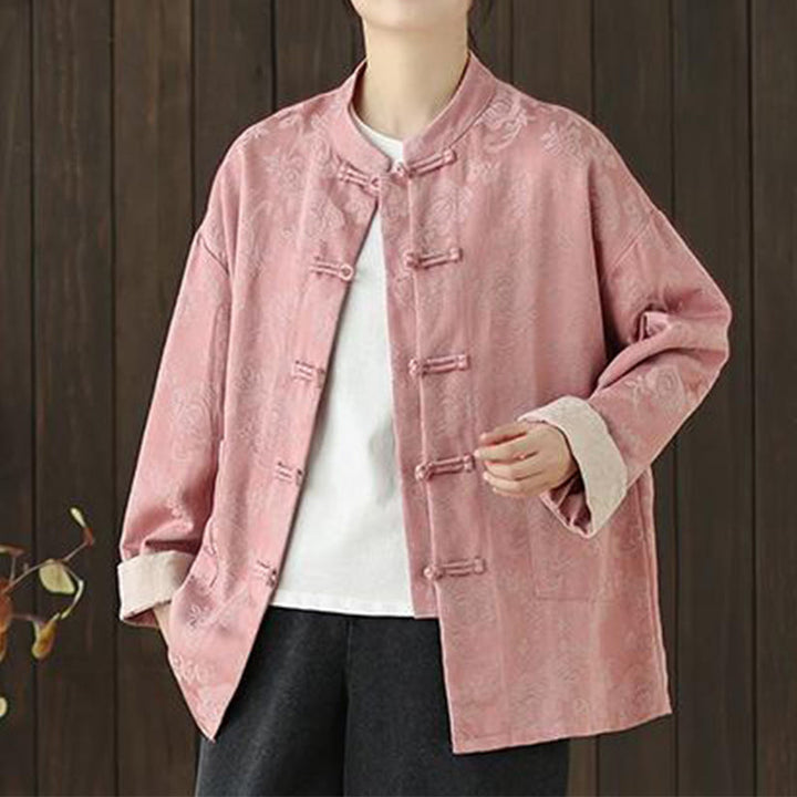 Camisa de algodón para mujer, manga larga, cuello alto, botones de rana y estampado floral otoñal con Buddha Stones - image 3