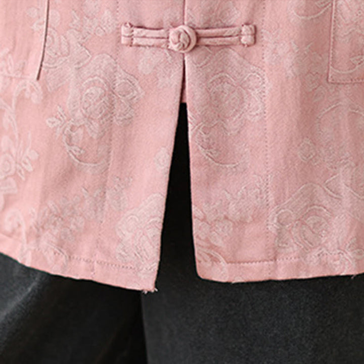 Camisa de algodón para mujer, manga larga, cuello alto, botones de rana y estampado floral otoñal con Buddha Stones - image 9