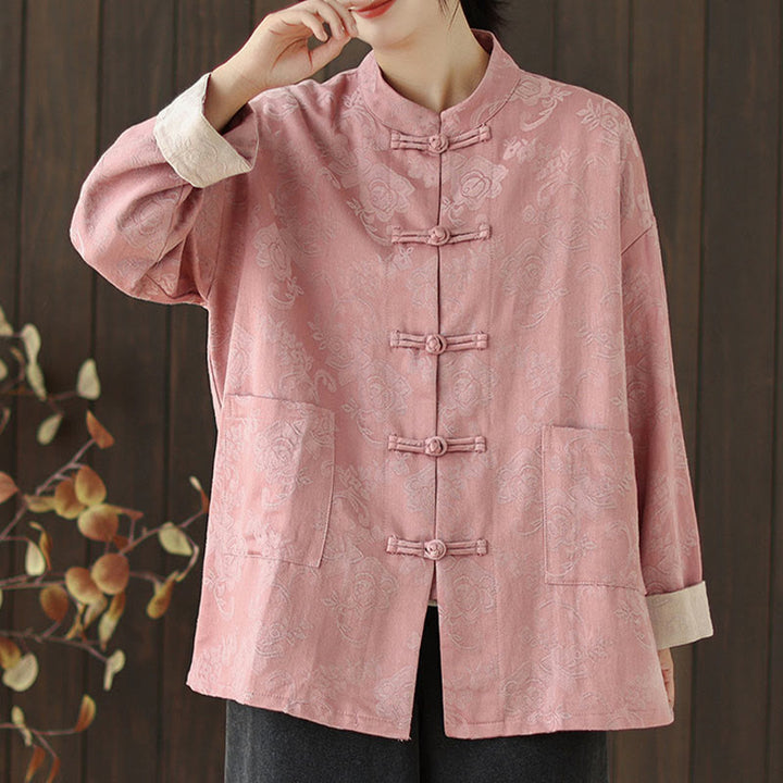 Camisa de algodón para mujer, manga larga, cuello alto, botones de rana y estampado floral otoñal con Buddha Stones - image 1