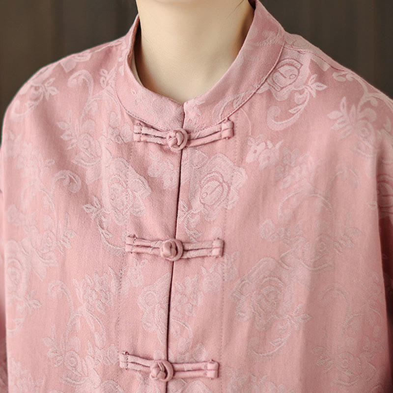 Camisa de algodón para mujer, manga larga, cuello alto, botones de rana y estampado floral otoñal con Buddha Stones - image 6