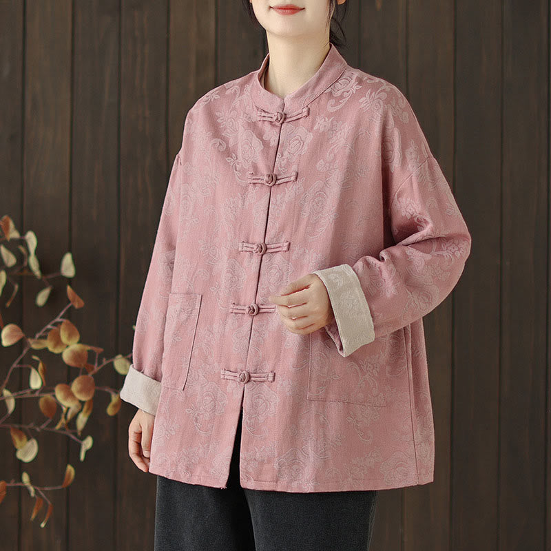 Camisa de algodón para mujer, manga larga, cuello alto, botones de rana y estampado floral otoñal con Buddha Stones - image 5