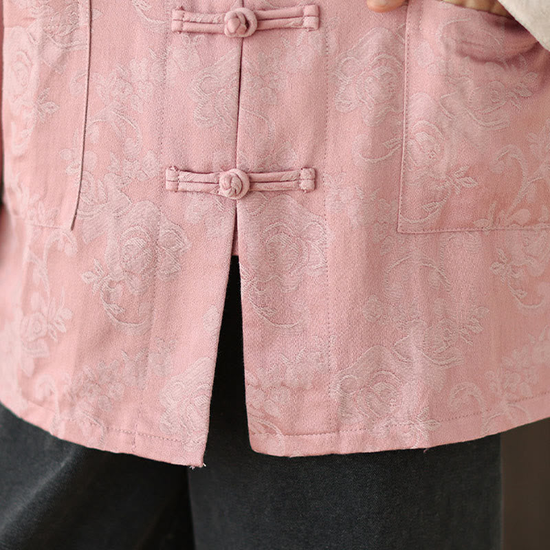 Camisa de algodón para mujer, manga larga, cuello alto, botones de rana y estampado floral otoñal con Buddha Stones - image 8