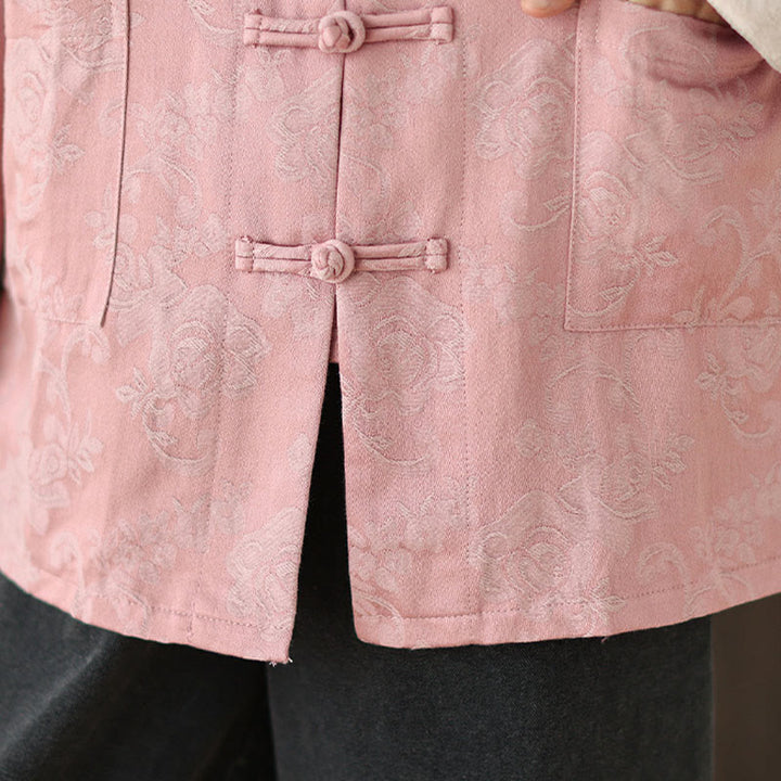 Camisa de algodón para mujer, manga larga, cuello alto, botones de rana y estampado floral otoñal con Buddha Stones - image 8