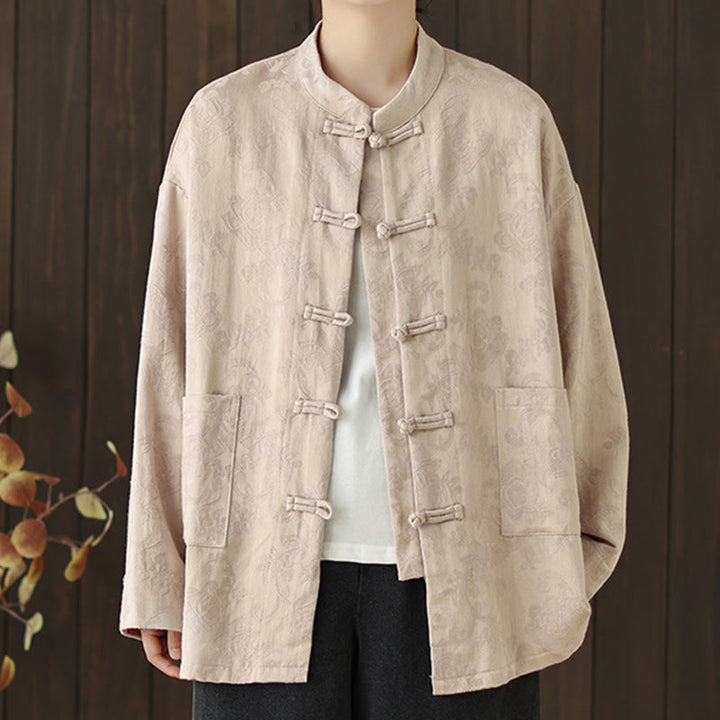 Camisa de algodón para mujer, manga larga, cuello alto, botones de rana y estampado floral otoñal con Buddha Stones - image 17