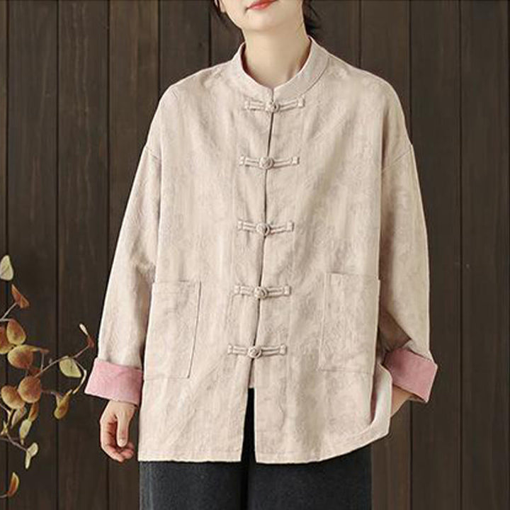 Camisa de algodón para mujer, manga larga, cuello alto, botones de rana y estampado floral otoñal con Buddha Stones - image 16