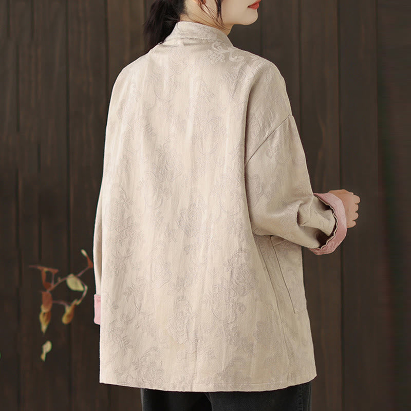 Camisa de algodón para mujer, manga larga, cuello alto, botones de rana y estampado floral otoñal con Buddha Stones - image 18