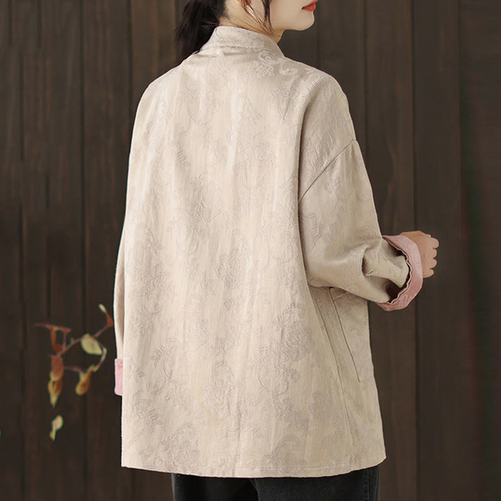 Camisa de algodón para mujer, manga larga, cuello alto, botones de rana y estampado floral otoñal con Buddha Stones - image 18