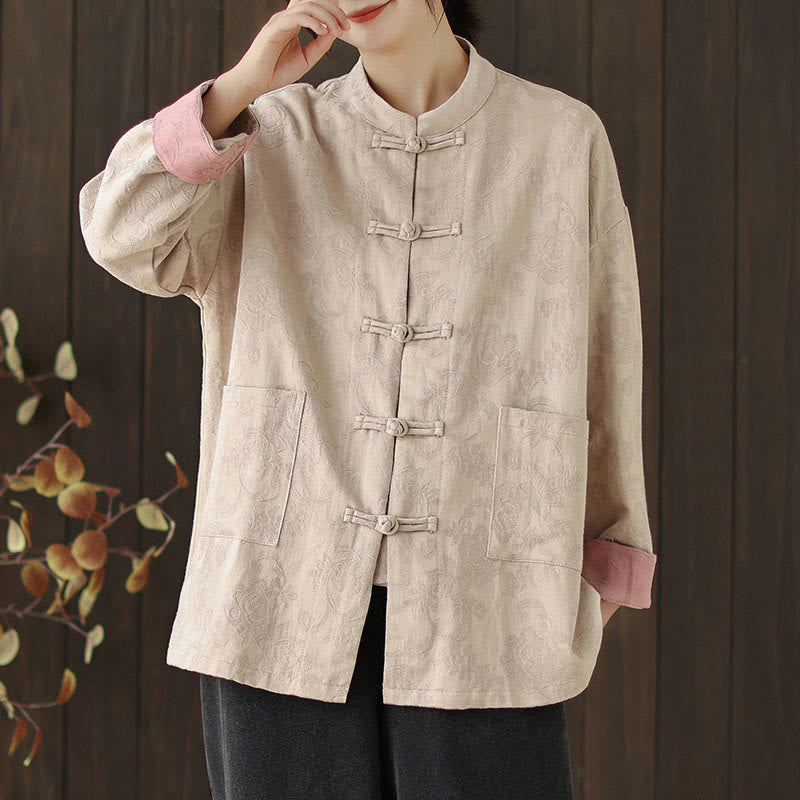 Camisa de algodón para mujer, manga larga, cuello alto, botones de rana y estampado floral otoñal con Buddha Stones - image 19