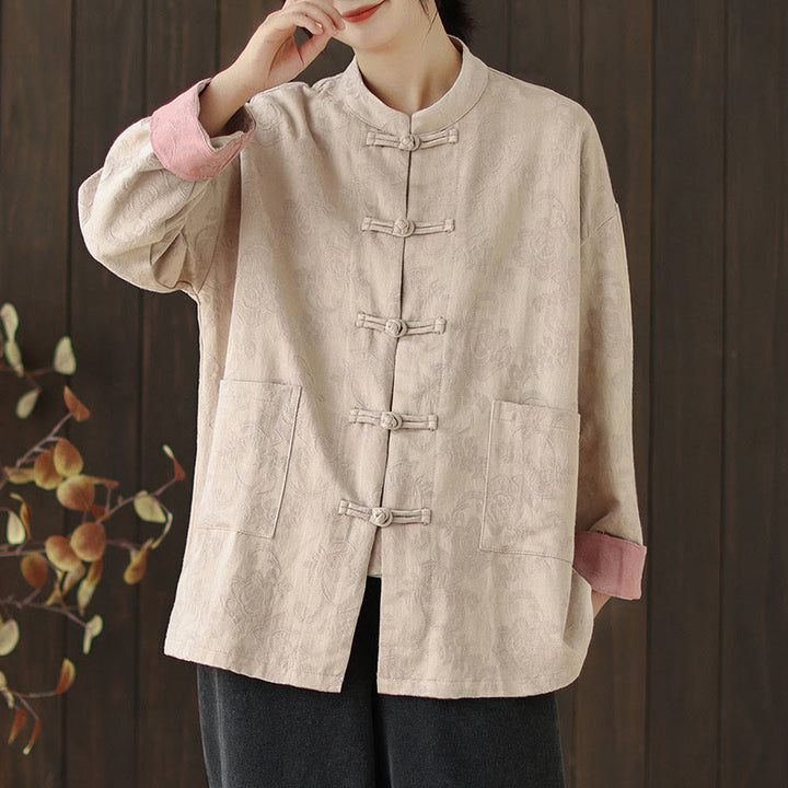 Camisa de algodón para mujer, manga larga, cuello alto, botones de rana y estampado floral otoñal con Buddha Stones - image 19