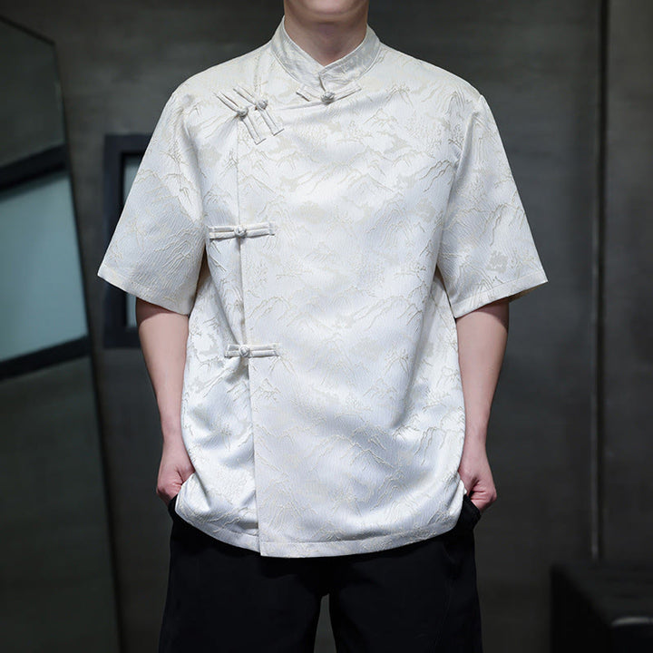 Camisa de algodón de manga corta para hombre con estampado de montañas de verano y Buddha Stones , jacquard con botones de rana china - Blanco - US/UK/AU42, EU52 (3XL) - image 0