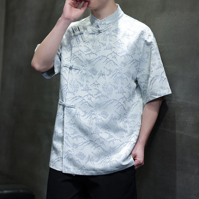 Camisa de algodón de manga corta para hombre con estampado de montañas de verano y Buddha Stones , jacquard con botones de rana china - Cian claro - US/UK/AU42, EU52 (3XL) - image 7