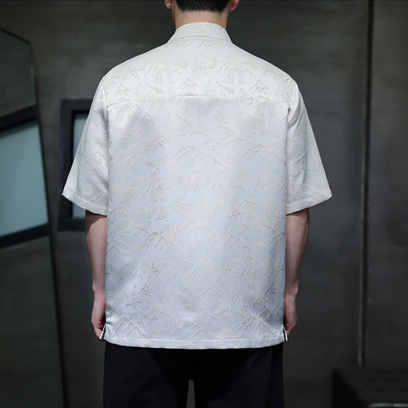 Camisa de algodón de manga corta para hombre con estampado de montañas de verano y Buddha Stones , jacquard con botones de rana china - image 3