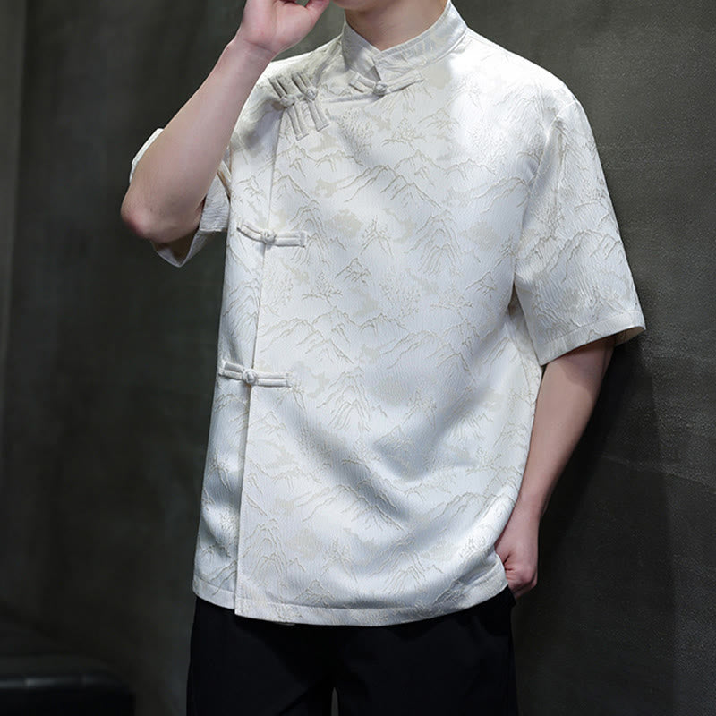 Camisa de algodón de manga corta para hombre con estampado de montañas de verano y Buddha Stones , jacquard con botones de rana china - image 6