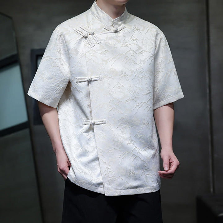 Camisa de algodón de manga corta para hombre con estampado de montañas de verano y Buddha Stones , jacquard con botones de rana china - image 2