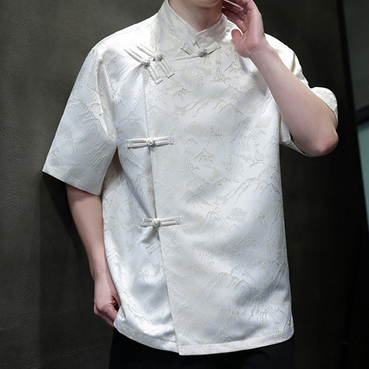 Camisa de algodón de manga corta para hombre con estampado de montañas de verano y Buddha Stones , jacquard con botones de rana china - image 4