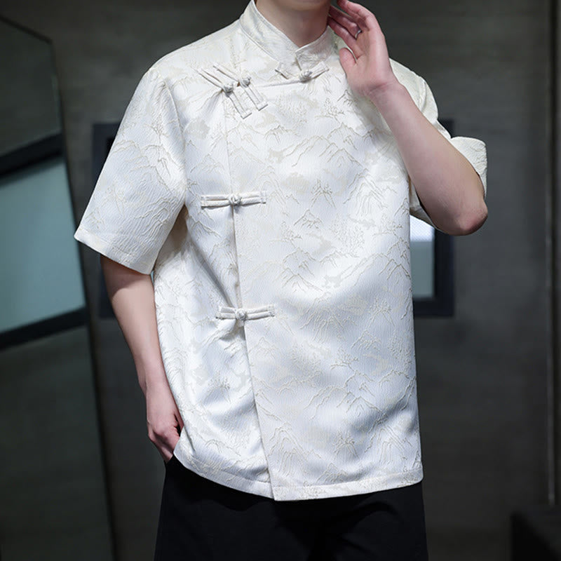 Camisa de algodón de manga corta para hombre con estampado de montañas de verano y Buddha Stones , jacquard con botones de rana china - image 1