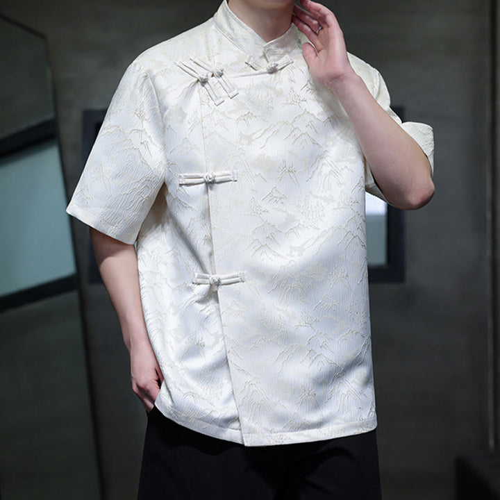 Camisa de algodón de manga corta para hombre con estampado de montañas de verano y Buddha Stones , jacquard con botones de rana china - image 1