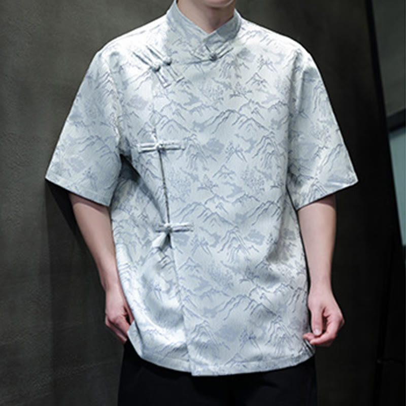 Camisa de algodón de manga corta para hombre con estampado de montañas de verano y Buddha Stones , jacquard con botones de rana china - image 14