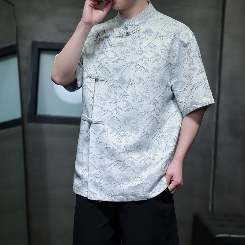 Camisa de algodón de manga corta para hombre con estampado de montañas de verano y Buddha Stones , jacquard con botones de rana china - image 15