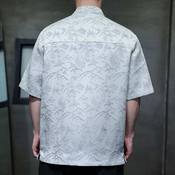 Camisa de algodón de manga corta para hombre con estampado de montañas de verano y Buddha Stones , jacquard con botones de rana china - image 11