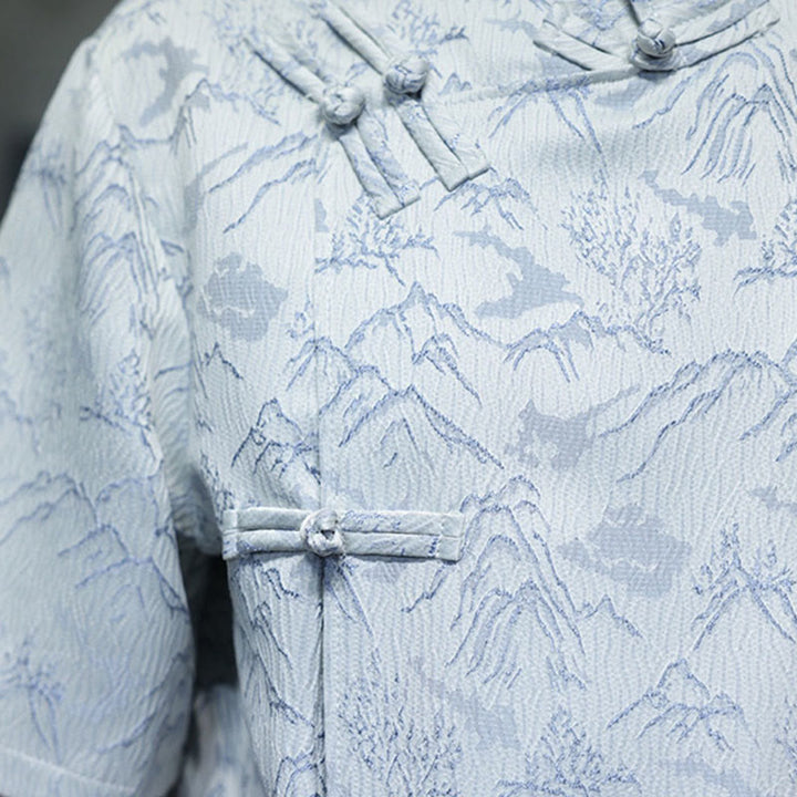 Camisa de algodón de manga corta para hombre con estampado de montañas de verano y Buddha Stones , jacquard con botones de rana china - image 20