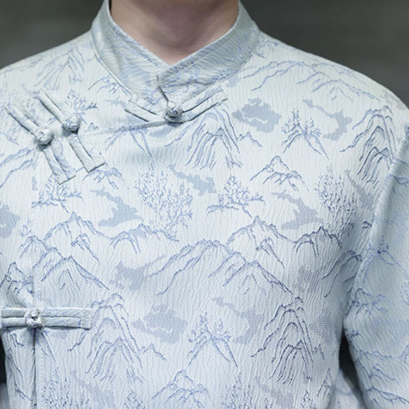 Camisa de algodón de manga corta para hombre con estampado de montañas de verano y Buddha Stones , jacquard con botones de rana china - image 18