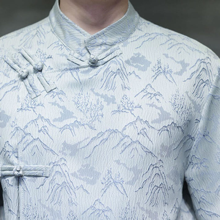 Camisa de algodón de manga corta para hombre con estampado de montañas de verano y Buddha Stones , jacquard con botones de rana china - image 18