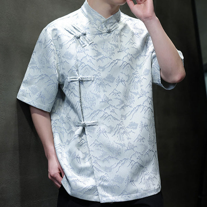 Camisa de algodón de manga corta para hombre con estampado de montañas de verano y Buddha Stones , jacquard con botones de rana china - image 13