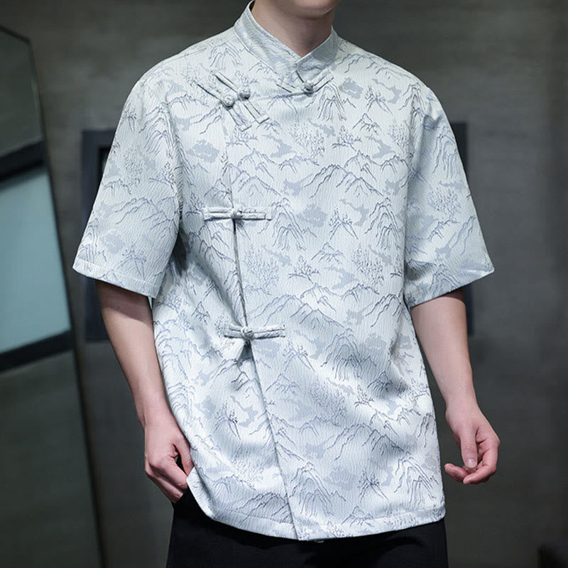 Camisa de algodón de manga corta para hombre con estampado de montañas de verano y Buddha Stones , jacquard con botones de rana china - image 9