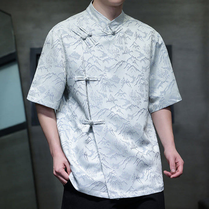 Camisa de algodón de manga corta para hombre con estampado de montañas de verano y Buddha Stones , jacquard con botones de rana china - image 9