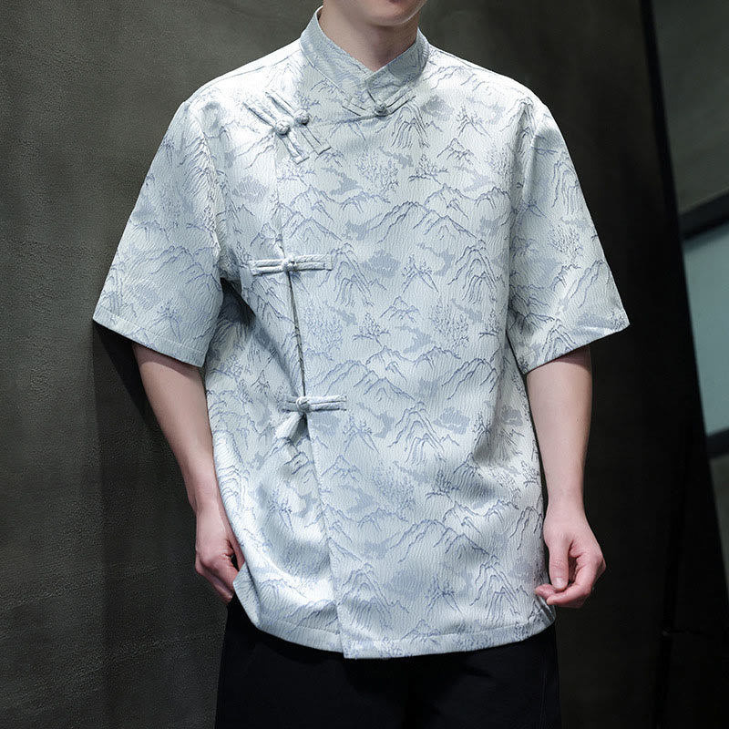 Camisa de algodón de manga corta para hombre con estampado de montañas de verano y Buddha Stones , jacquard con botones de rana china - image 16