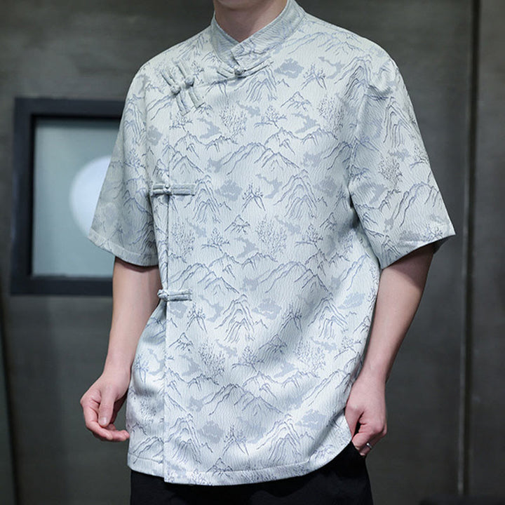 Camisa de algodón de manga corta para hombre con estampado de montañas de verano y Buddha Stones , jacquard con botones de rana china - image 12