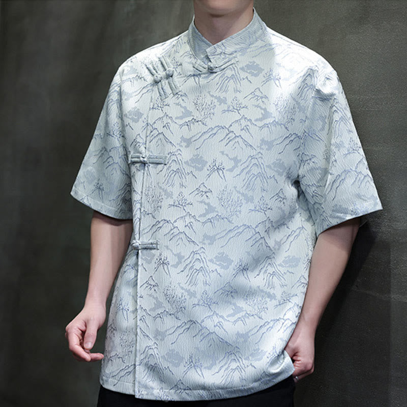 Camisa de algodón de manga corta para hombre con estampado de montañas de verano y Buddha Stones , jacquard con botones de rana china - image 10