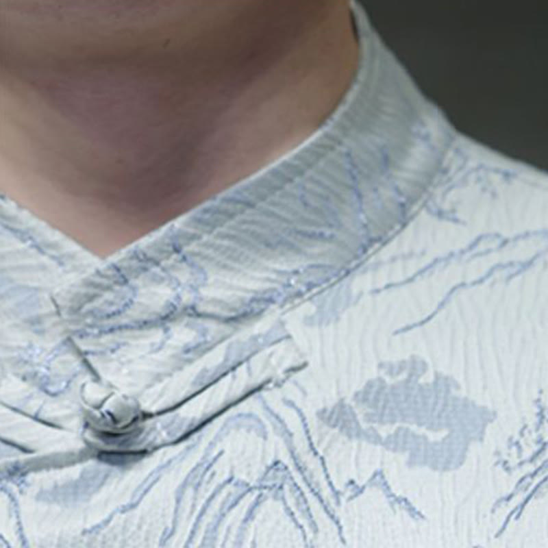 Camisa de algodón de manga corta para hombre con estampado de montañas de verano y Buddha Stones , jacquard con botones de rana china - image 19
