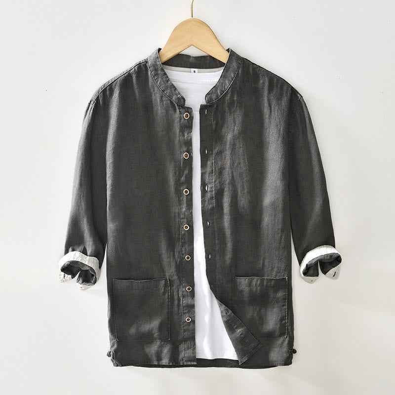 Camisa de lino para hombre con cuello alto, manga tres cuartos y bolsillos, color liso, con botones y estampado de Buddha Stones Fall - Gris oscuro - US/UK/AU42, EU52 (3XL) - image 0