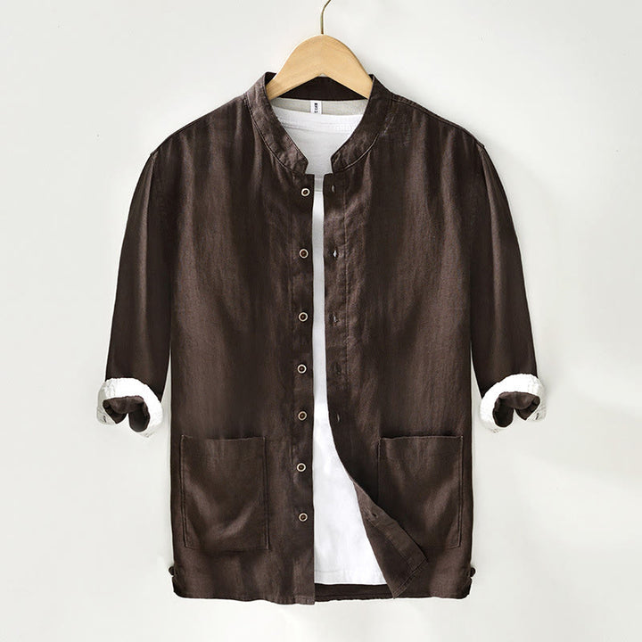 Camisa de lino para hombre con cuello alto, manga tres cuartos y bolsillos, color liso, con botones y estampado de Buddha Stones Fall - Tierra de siena - US/UK/AU42, EU52 (3XL) - image 17