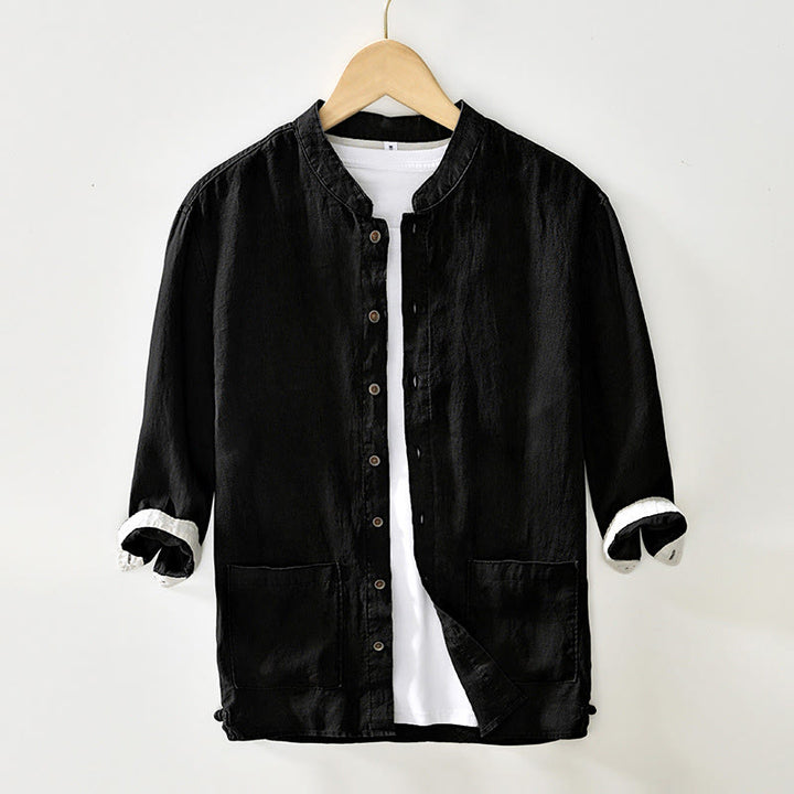 Camisa de lino para hombre con cuello alto, manga tres cuartos y bolsillos, color liso, con botones y estampado de Buddha Stones Fall - Negro - US/UK/AU42, EU52 (3XL) - image 10