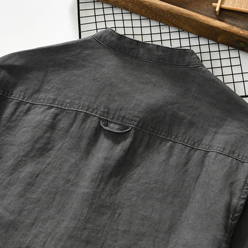 Camisa de lino para hombre con cuello alto, manga tres cuartos y bolsillos, color liso, con botones y estampado de Buddha Stones Fall - image 4