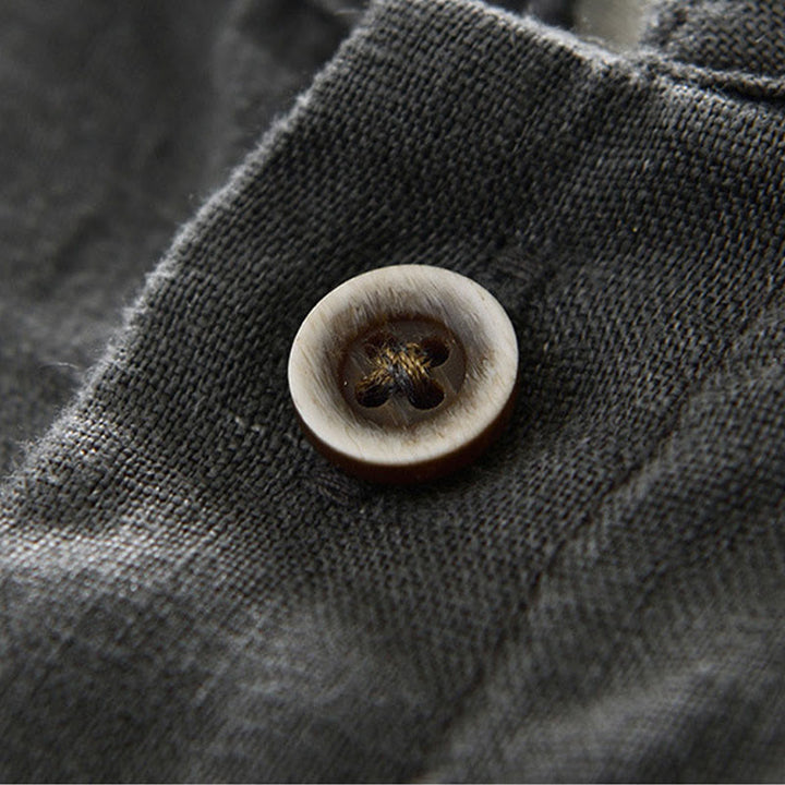 Camisa de lino para hombre con cuello alto, manga tres cuartos y bolsillos, color liso, con botones y estampado de Buddha Stones Fall - image 6