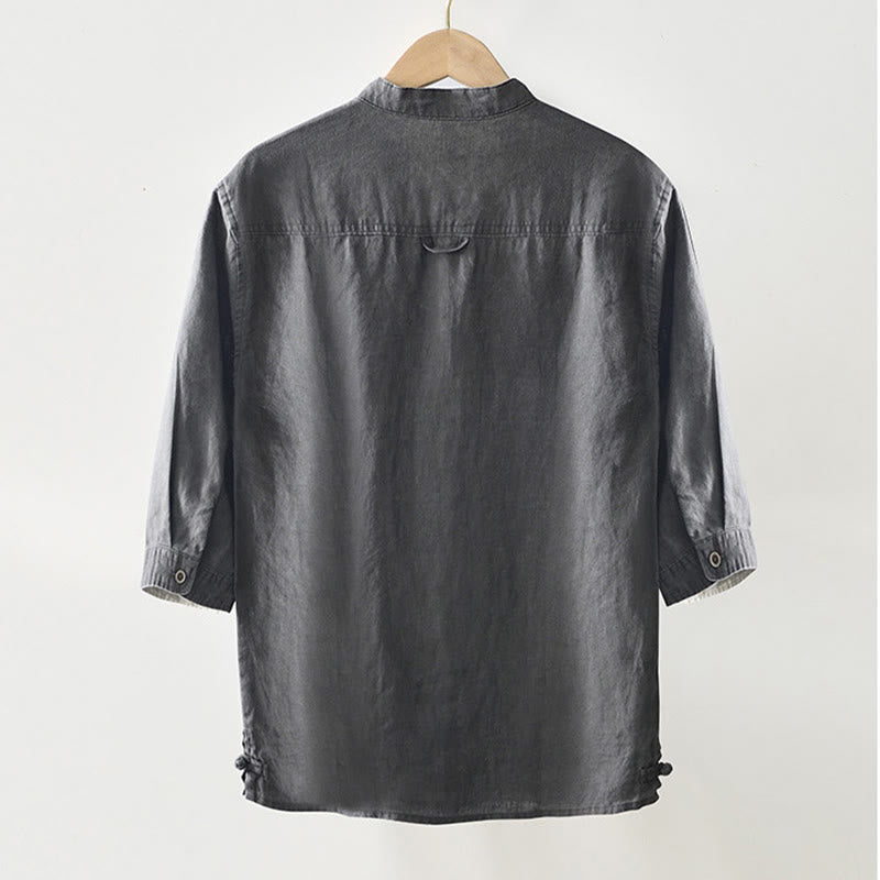 Camisa de lino para hombre con cuello alto, manga tres cuartos y bolsillos, color liso, con botones y estampado de Buddha Stones Fall - image 2