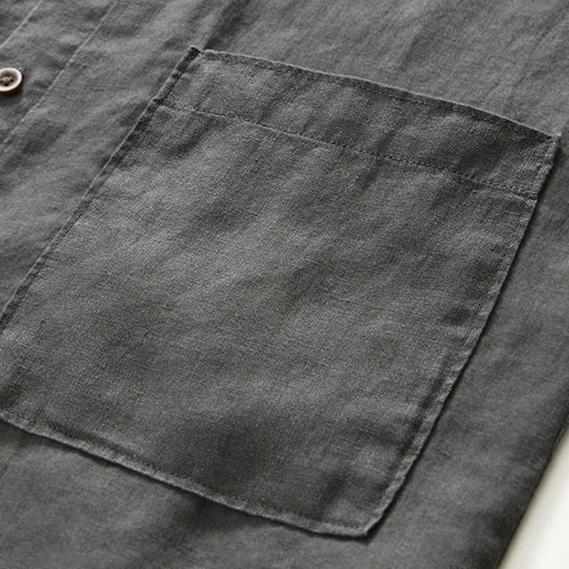 Camisa de lino para hombre con cuello alto, manga tres cuartos y bolsillos, color liso, con botones y estampado de Buddha Stones Fall - image 7