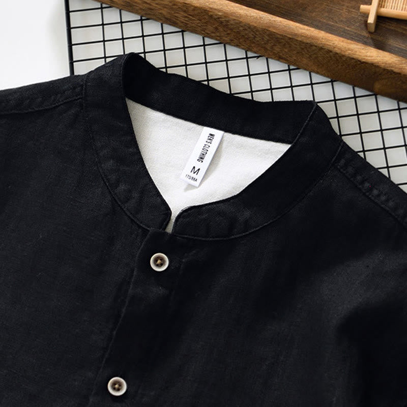 Camisa de lino para hombre con cuello alto, manga tres cuartos y bolsillos, color liso, con botones y estampado de Buddha Stones Fall - image 11