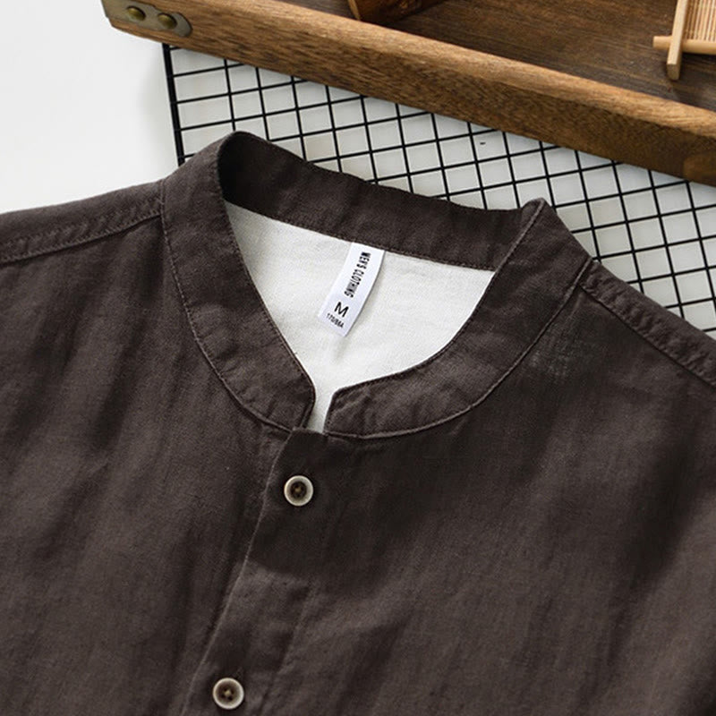 Camisa de lino para hombre con cuello alto, manga tres cuartos y bolsillos, color liso, con botones y estampado de Buddha Stones Fall - image 18